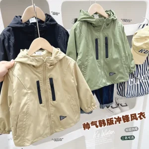 Spring Autumn Collection Boys ‘Children’s Outerwear Mid-Sized Jackets, Boys’ Windproof Coats, Solid Color Tops