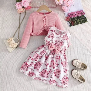 Spring Autumn Collection Children’s Colorful Floral Pattern Suspender Dress Sleeveless Solid Color Coat Girls