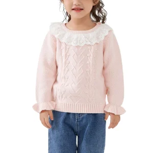 Spring Autumn Cotton Pullover Knitted Girl Sweater Cute Lace Collar Knit Children Sweater