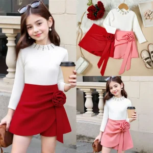 Spring Autumn Fashion Girls Korean Clothes Rhinestone Neck Knit Top 3D Flower Shorts 2pcs Children Casual Clothing