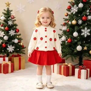 Spring Autumn Girls Fall New Baby Girl Strawberry Knit Cardigan Sweater Skirt Two Piece Set Girl Sweaters Sweater Dress Set