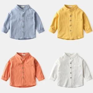 Spring Autumn Infant Toddler Boys Casual Stand Collar Solid Cotton Top Clothing Baby Shirt