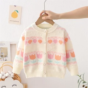Spring Autumn Kid Girls Clothing Cardigan Sweater Long Sleeve Printing Knitted Sweater
