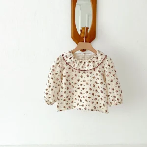 Spring Autumn Kids Girls Lovely Floral Printed Sweet Cotton Long Sleeve Ruffled Collar Blouse Baby Princess T Shirt