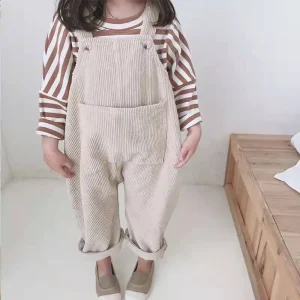 Spring Autumn Kids Girls One Piece Jumpsuit Solid Color Little Girls Corduroy Overalls and Striped T Shirts Sets