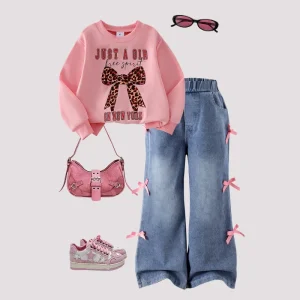 Spring Autumn Kids Wear Fashion Girls Clothes Pink Printed Round neck Hoodie Bow Tie Jeans Two Piece Set Children Clothing