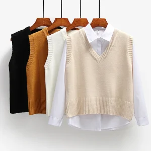 Spring Autumn Short Loose Vintage Sweater Sleeveless Girls V Neck Pullover Tops Female Outerwear