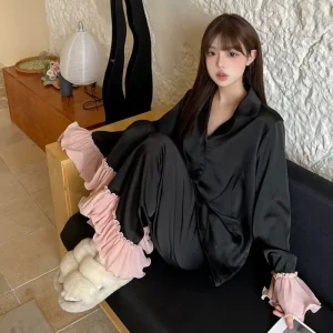 Spring Autumn Sweet Style Ice Silk Pajama Set Long Sleeve Loose Fit Homewear for Girls Cute Sleepwear Youth Loungewear
