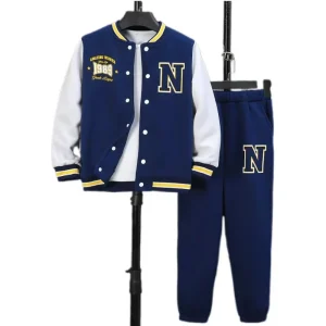 Spring Autumn Warm Boys Baseball Jacket Trousers Sports Clothes Set Children Long Sleeve Coat Pants Set