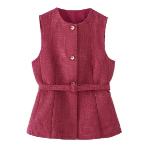 Spring Autumn Women’s Clothing Fashionable Belt-Decorated Vest Retro Round Neck Sleeveless Women’s Vest
