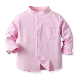 Spring Children Clothes Solid Color Stand up Collar Long Sleeved Single Breasted Versatile Cotton Shirt for Boys