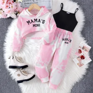 Spring Children’s Clothes Girls Clothing Tie Dye Letter Print Hooded Sweatshirt Black Suspender Casual Pants Three Piece Set