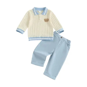 Spring Children’s Cute Embroidery Knit Clothes Set Kids Boy Long Sleeve Knitted Sweaters Baby Knitwear Pants