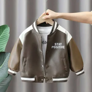 Spring Children’s Waterproof PU Leather Square Collar Blouson Jacket Toddler Boys Regular Sleeves Button Closure 100% Polyester