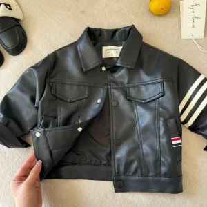 Spring Children’s Waterproof PU Leather Square Collar Blouson Jacket Toddler Boys Regular Sleeves Button Closure Casual Clothes