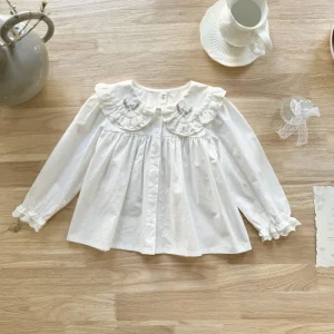Spring Embroidery Doll Collar Sweet Kids Girls White Blouse