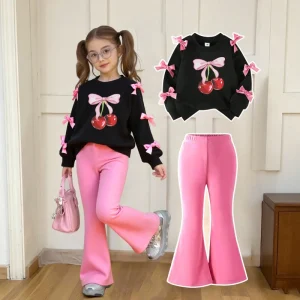 Spring Fall Little Girl Clothes Soft Outfits Cute Cherry Bow Pattern Sweatshirt & Elastic Flared Pants Kids 2pcs Set