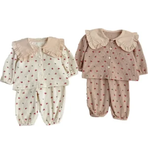 Spring Fall Soft Toddler Girls Kids Cotton Pajamas Sets With Ruffles Fruit Printed Loungewear Sleepwear for Kids