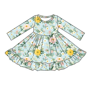 Spring Floral Printed Children Clothing Custom Design Cute Style Long Sleeve Knee Length Girl’s Truffle Dress