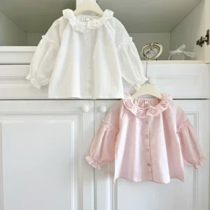Spring French Retro Ruffle Collar Jacquard Girls Shirts Handmade Flower Doll Shirts