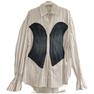 Spring Girl Clothing Fashion Bubble Sleeve New Design Denim Patchwork Elastic Waist Single Breasted Shirt for Women