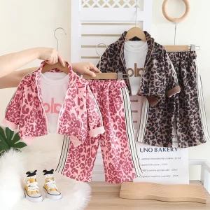 Spring Girls Clothes Set Round-neck T-shirt Leopard Print Zipper Jacket Casual Pants Autumn Kids Clothing