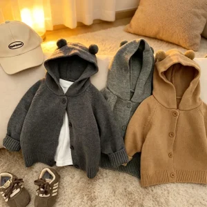 Spring Kids Acrylic Knit Hooded Cardigan Sweater Jacket Korean Style Cute Baby Boys Girls Outfit