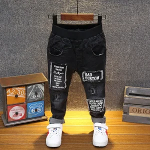 Spring Kids Fashion Denim Pants Children Boys Good Causal Patchwork Letters Print Washed Jeans 3-14 Years