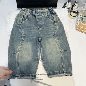 Spring New Boys’ Cotton Denim for Wash Ripped Design Stylish and Trendy Loose Fit Casual Pants for Kids
