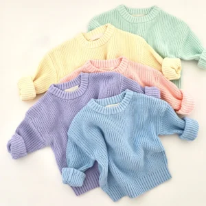 Spring New Children’s Knitted Custom LOGO Round Neck Solid Color Baby Girl Long Sleeve Pure Cotton Baby Sweaters
