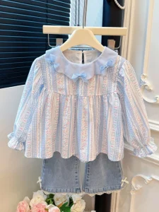 Spring New Girls’ Bow Lace Collar Baby Girl’s Shirt Children’s Western Style Softened Solid Color Cotton Trendy Top