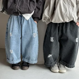Spring New Release Loose Vintage Wide Leg Denim Baby Pants for Boys Girls Casual Straight Style Ripped Jeans Long Trousers