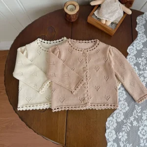 Spring Summer Baby Girls Hand Knitted Cardigan Hollow Out Lace Trim Long Sleeve Sweater Toddler Girls Casual Outerwear