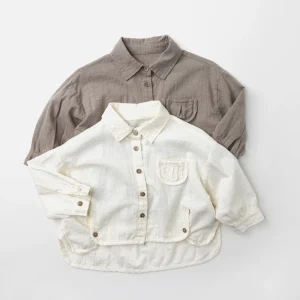 Spring Summer Children Unisex Cotton Solid Color Turn down Collar Casual Thin Baby Shirt