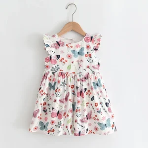 Spring Summer Girl Dresses Flutter Sleeve Butterfly Print 100% Cotton Girls Dress
