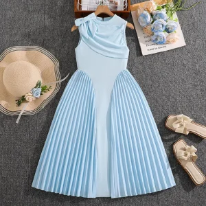 Spring Summer Girls’ Sleeveless Solid Blue Sweet Knee-Length A-Line Ruffle Dress