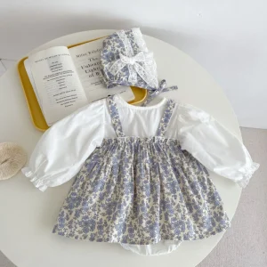 Spring Summer Infant Baby Girls Flower Print Romper Toddler Baby Princess Jumpsuit with Hat