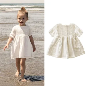Spring/Summer New Baby Baby Class a Short Sleeve Cotton Hemp Skirt Medium Kids Princess Dress Girls Dress