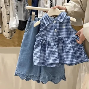 Spring Summer New Kids Clothing Set for Girls Stylish Plaid Vest Versatile Denim Pants Two-Piece Children’s Suit