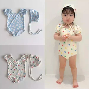 Spring Summer Toddler Girl One Piece Triangle Short Sleeves Included Swim Cap Baby Swimsuit