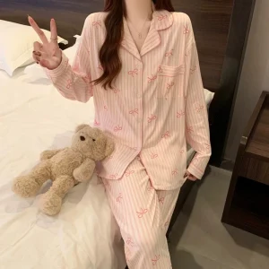 Spring Sweet Girl Striped Long Sleeve Casual Outerwear Home Clothes Pajama Set