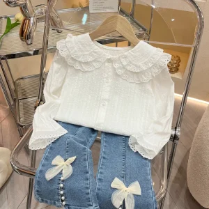 Spring Sweet and Casual Kids Double Layer Korean Style Princess Lace Top Cotton Long Sleeve Girls Shirt with Doll Collar