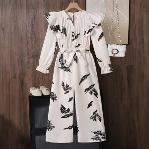 Spring Teen Kids Casual Clothes Long Sleeve Pleated v Neck Print Long Pants Romper Jumpsuits for Kids Girls