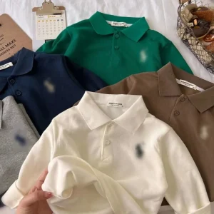 Spring and Autumn Children’s Polo Shirt Boy and Girl Embroidered Lapel Long Sleeve Loose T-shirt Fried Street Bottom Baby Shirt