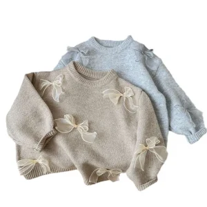 Spring and Autumn New Fashionable Bow Knitwear Kids Solid Color Top Pullover Sweet Baby Girl Sweater
