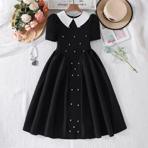 Spring and Summer New Girls’ O Neck Solid Ruffles Short Sleeve Cute Princess Children’s Dress