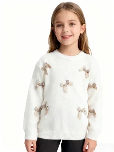 Stock Girls Jumper Autumn Winter New Polyester Sweater Bow Decoration Soft Cozy Korean Style Children’s O Neck Knit Top