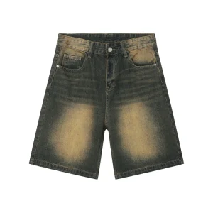 Street Fashion Casual Skater Boy Jorts Wash Whisker Fade Denim Jeans Wide Leg Half Pant Bottom Short Baggy Jeans