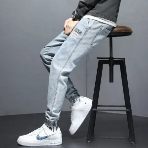 Street Hip Hop Styles Boys Denim Blue Jeans Cotton Wide Leg Elastic Waist Jogger Pant for Men Custom Jeans