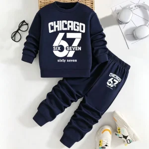 Streetwear Little Boys Letter Number Print Round Neck Sweatshirt and Matching Sweatpants Set Kids Daily Wear Outfit Customized